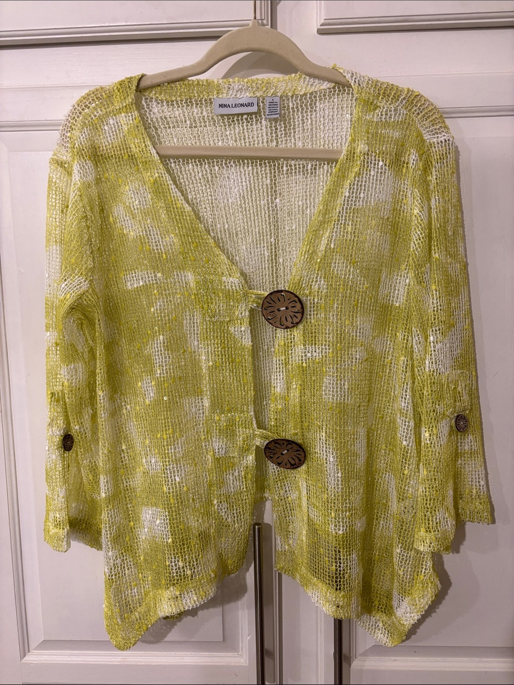 Nina Leonard Yellow White Open-Weave Button Cardigan